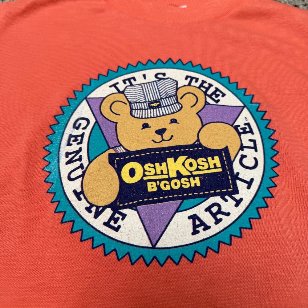 Vintage‎ OshKosh B'Gosh Train Bear Graphic T-Shirt Coral Pink USA Toddler 2T